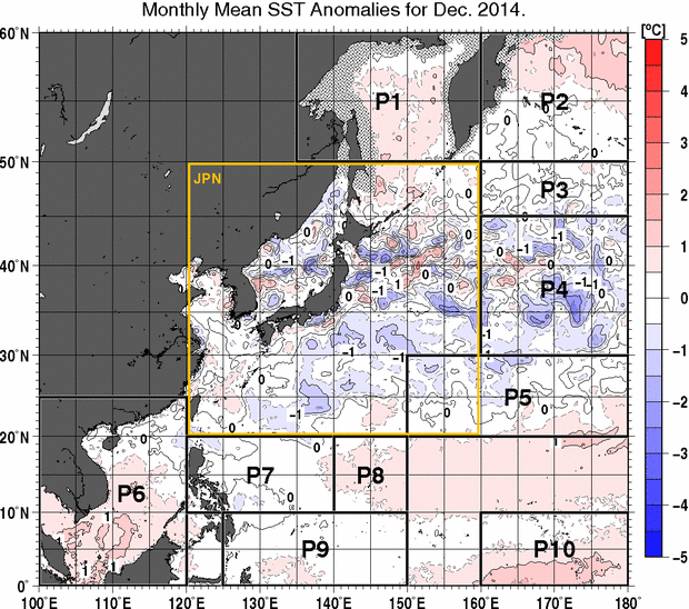 北西太平洋の月平均海面水温平年差分布図（2014年12月）