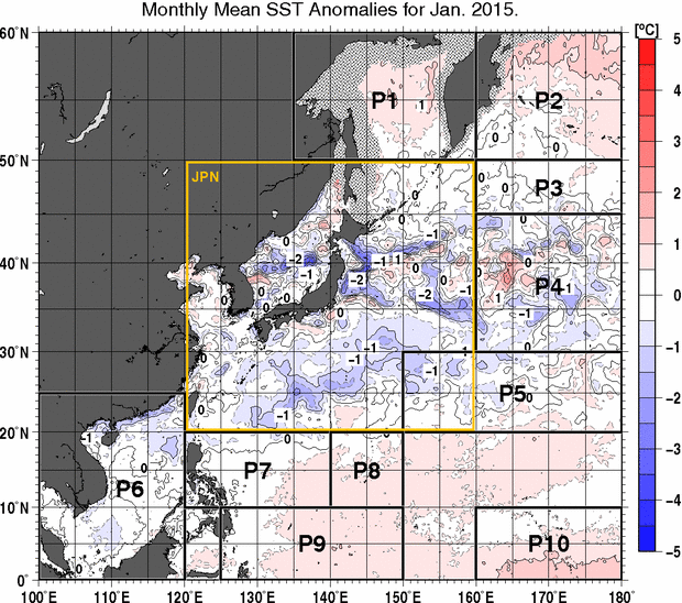 北西太平洋の月平均海面水温平年差分布図（2015年1月）