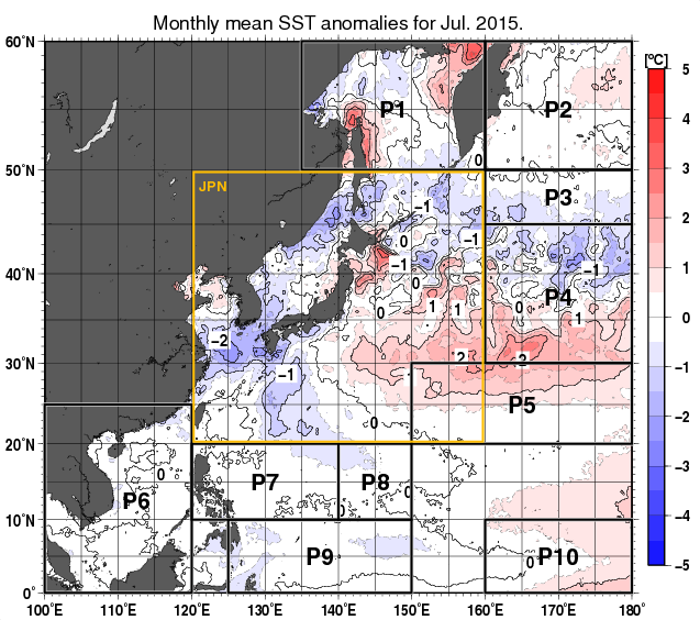 北西太平洋の月平均海面水温平年差分布図（2015年7月）