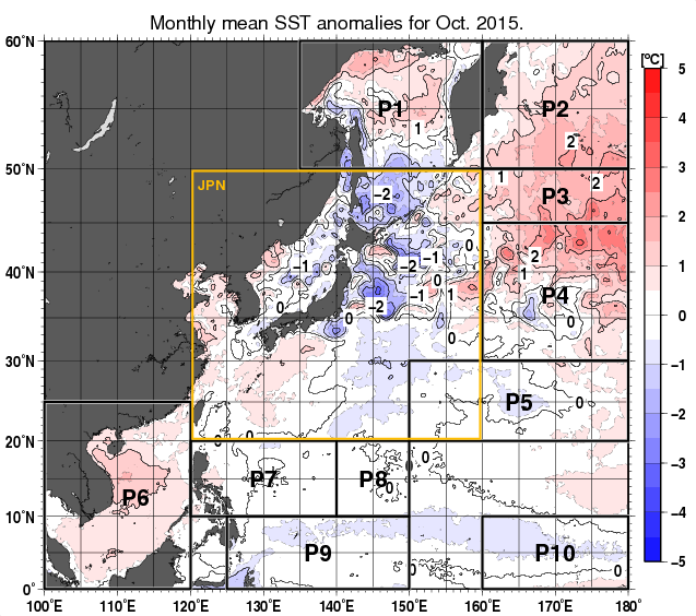 北西太平洋の月平均海面水温平年差分布図（2015年10月）