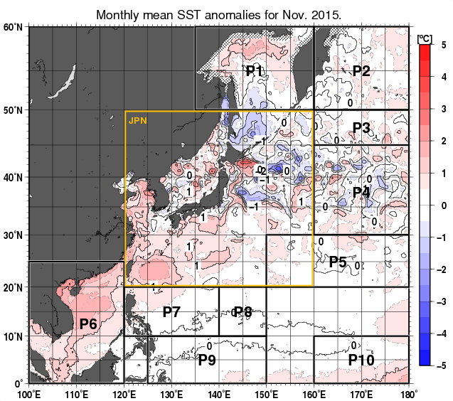 北西太平洋の月平均海面水温平年差分布図（2015年11月）