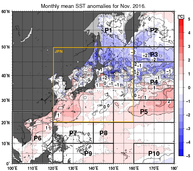 北西太平洋の月平均海面水温平年差分布図（2016年11月）