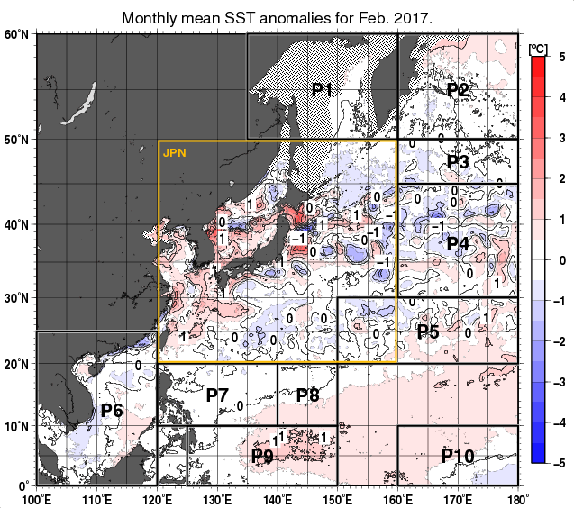 北西太平洋の月平均海面水温平年差分布図（2017年2月）