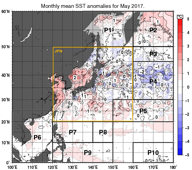 北西太平洋の月平均海面水温平年差分布図（2017年5月）