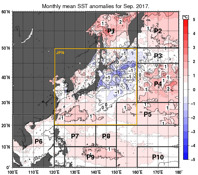 北西太平洋の月平均海面水温平年差分布図（2017年9月）