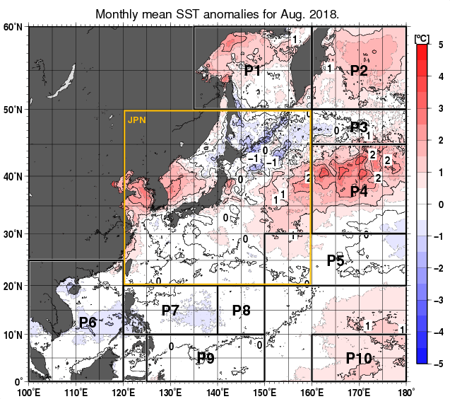 北西太平洋の月平均海面水温平年差分布図（2018年8月）