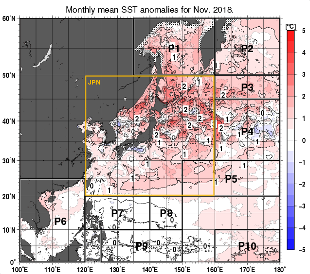 北西太平洋の月平均海面水温平年差分布図（2018年11月）
