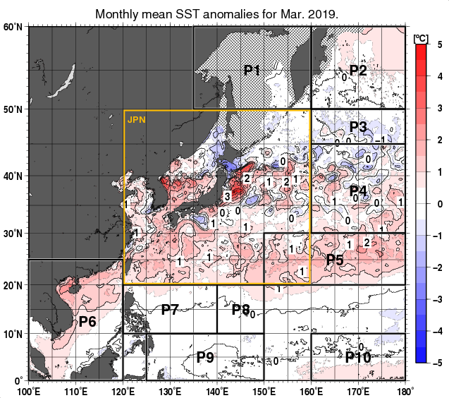 北西太平洋の月平均海面水温平年差分布図（2019年3月）