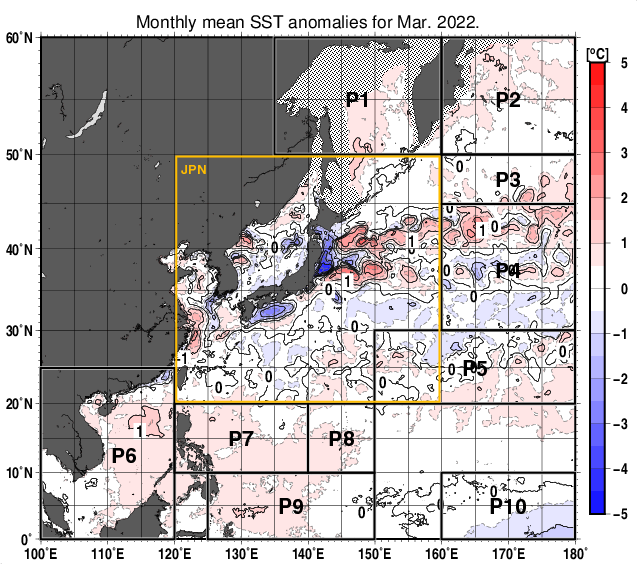 北西太平洋の月平均海面水温平年差分布図（2022年3月）