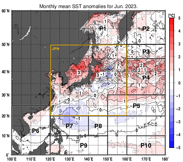 北西太平洋の月平均海面水温平年差分布図（2023年6月）