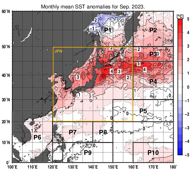 北西太平洋の月平均海面水温平年差分布図（2023年9月）