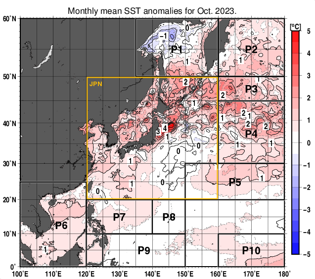 北西太平洋の月平均海面水温平年差分布図（2023年10月）