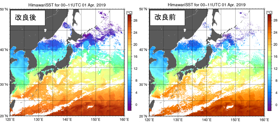 図　ひまわりによる海面水温画像の分布の新旧比較図