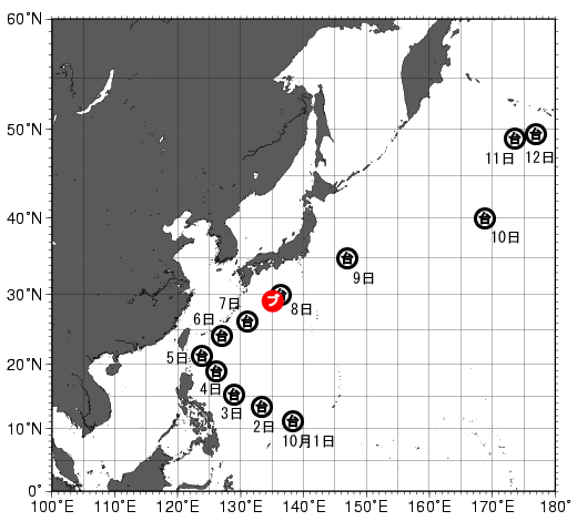北西太平洋海面水温図および1988年台風第24号の経路図