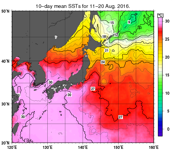 日本近海の旬平均海面水温分布図(2016年8月中旬)
