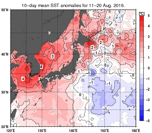 日本近海の旬平均海面水温平年差分布図（2016年8月中旬）