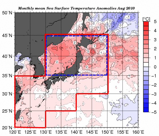 2010年8月の日本周辺海面水温平年差