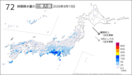 昨日の72時間降水量の日最大値の分布図