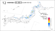 31日の12時間降雪量の日最大値の分布図