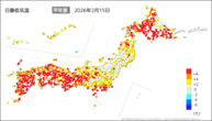 15日の最低気温平年差の分布図
