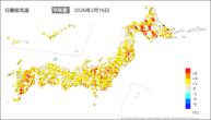 16日の最低気温平年差の分布図