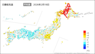 18日の最低気温平年差の分布図