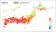 25日の最低気温平年差の分布図
