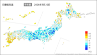 22日の最低気温平年差の分布図