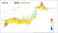 23日の最低気温平年差の分布図