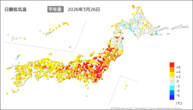 26日の最低気温平年差の分布図