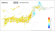 16日の最低気温平年差の分布図