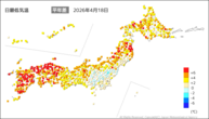 18日の最低気温平年差の分布図