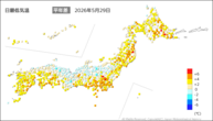29日の最低気温平年差の分布図