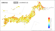 昨日の最低気温平年差の分布図