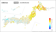 昨日の最低気温平年差の分布図