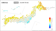8日の最低気温平年差の分布図