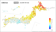 昨日の最低気温平年差の分布図