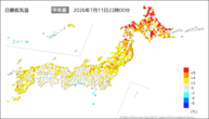 今日の最低気温平年差の分布図