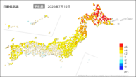12日の最低気温平年差の分布図