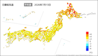 13日の最低気温平年差の分布図