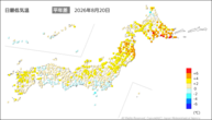 昨日の最低気温平年差の分布図