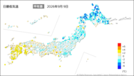 昨日の最低気温平年差の分布図