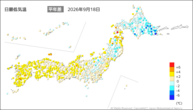 18日の最低気温平年差の分布図