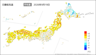 19日の最低気温平年差の分布図