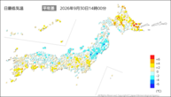 今日の最低気温平年差の分布図
