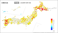 13日の最低気温平年差の分布図