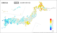 15日の最低気温平年差の分布図