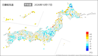 17日の最低気温平年差の分布図