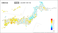 17日の最低気温平年差の分布図