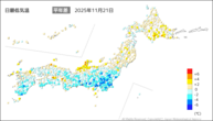21日の最低気温平年差の分布図